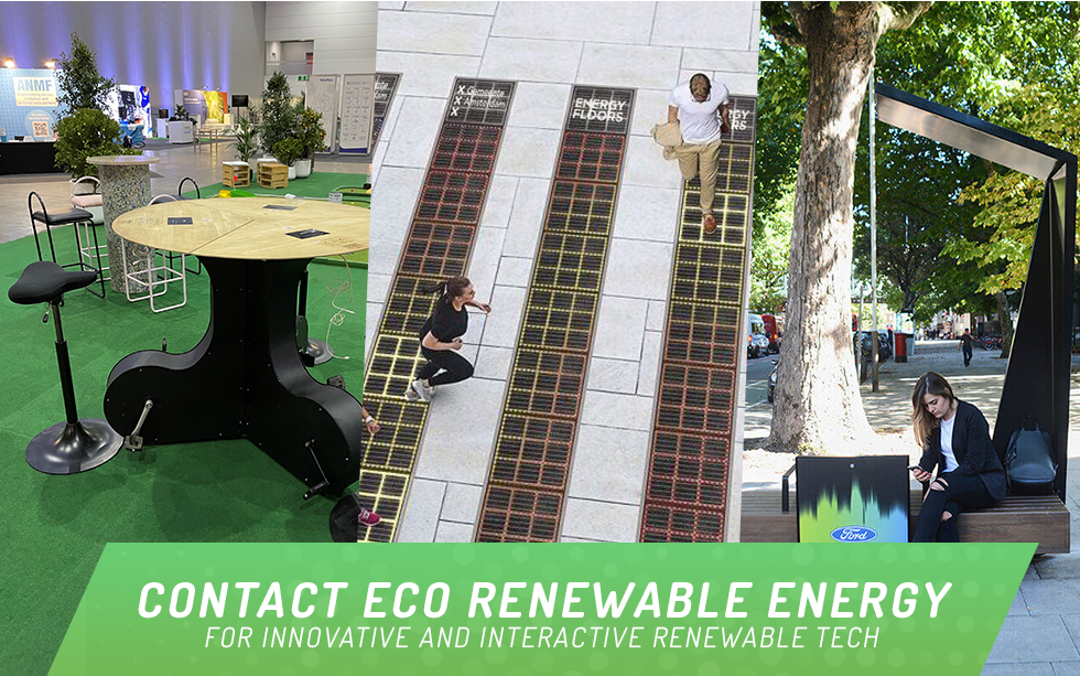 Renewable energy technologies for businesses including WeWatt Bikes, Kinetic Energy Floors, and Smart Solar Benches